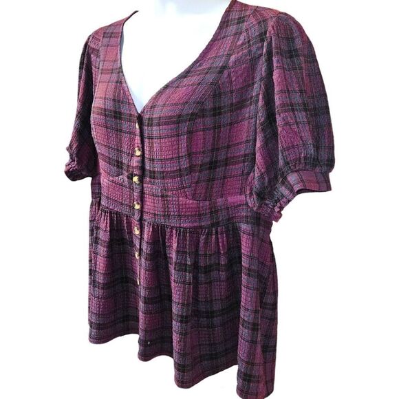 TORRID Babydoll Crinkle Flannel Gauze  Button- Up Short Sleeve Plaid Shirt 1X - Picture 6 of 16